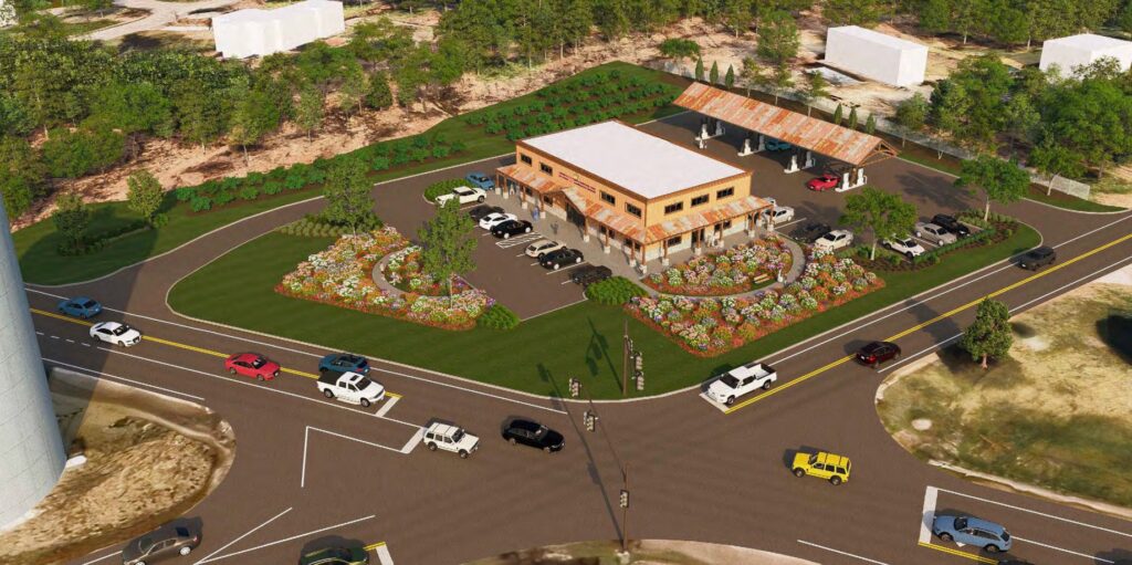 Birds-eye rendering of the proposed Country Store at the corner of School Street and West Main.