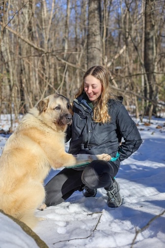 Frank at baypath with in-shelter Dog program coordinator, Emma Wailgum, of Hopkinton, MA