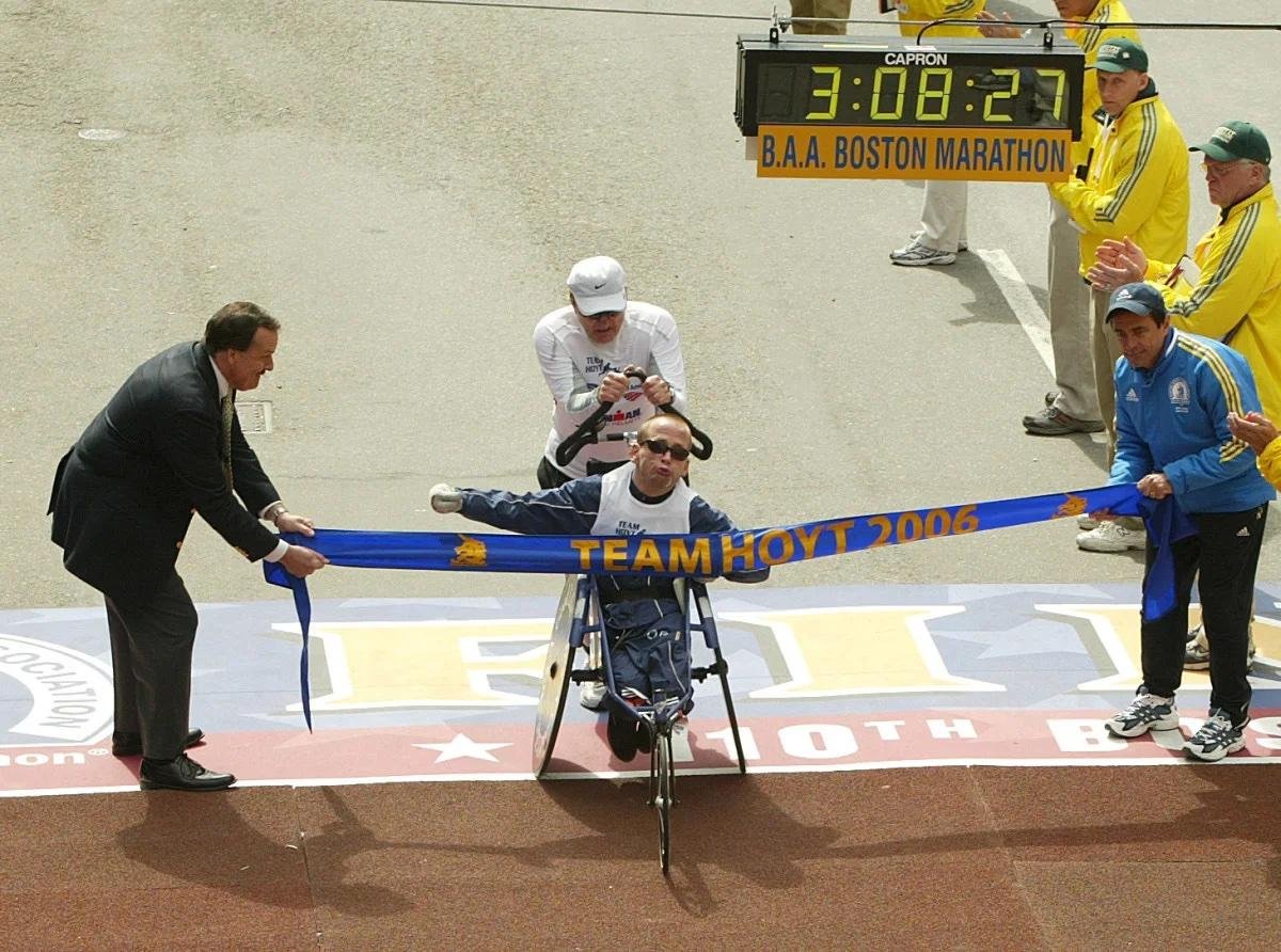 Dick and Rick Hoyt finish the Boston Marathon