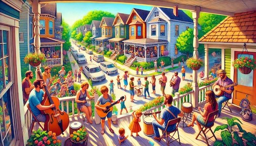 AI-generated picture of a band playing on a porch with people watching.