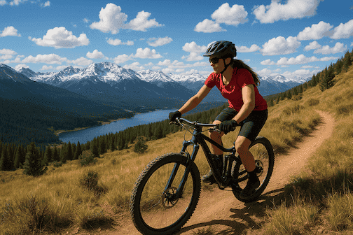 Girl riding an mountain e-bike on a trail