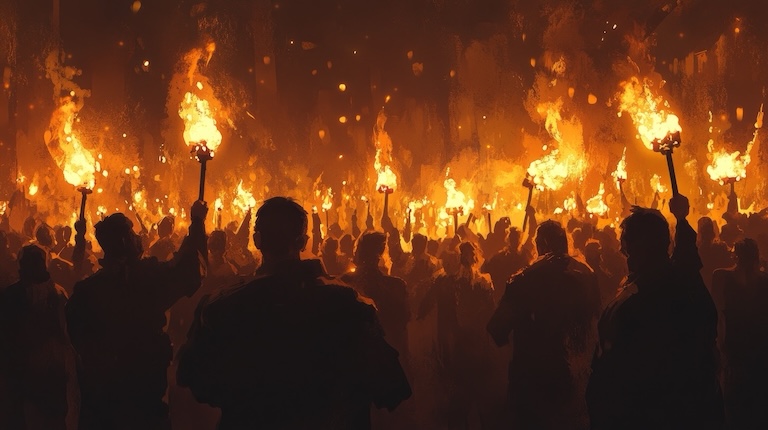 People with pitch forks and fire