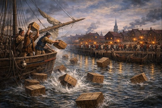 AI rendering of the Boston Tea Party 1773